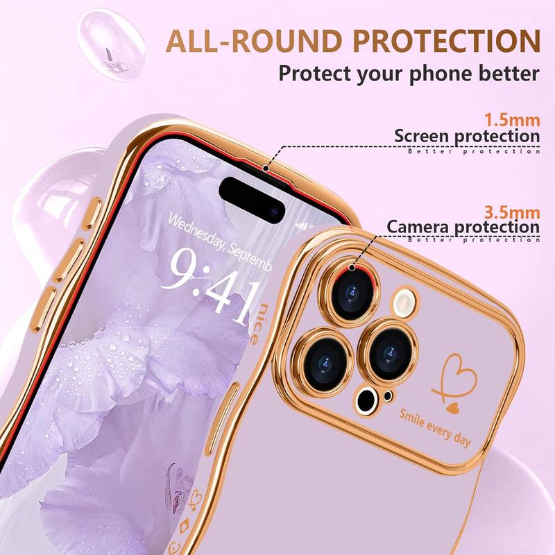 iPhone Case for Women Girls, Cute Wave Frame Curly Shape with Love Heart Raised Camera Protection Cover Luxury Plating Shockproof Phone Case for iPhone 16 15 14 13 12 Pro Max, Hot Pink