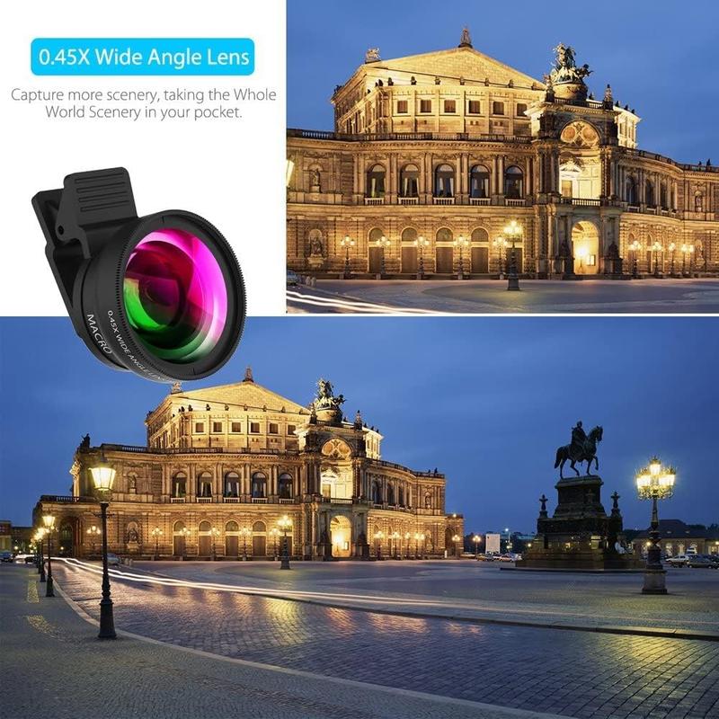 2 in 1 Clip-on Lens Kit, 0.45X Wide Angle & 12.5X Macro Lens with Storage Bag, Portable Camera Lens Kit for Most Smartphone Models