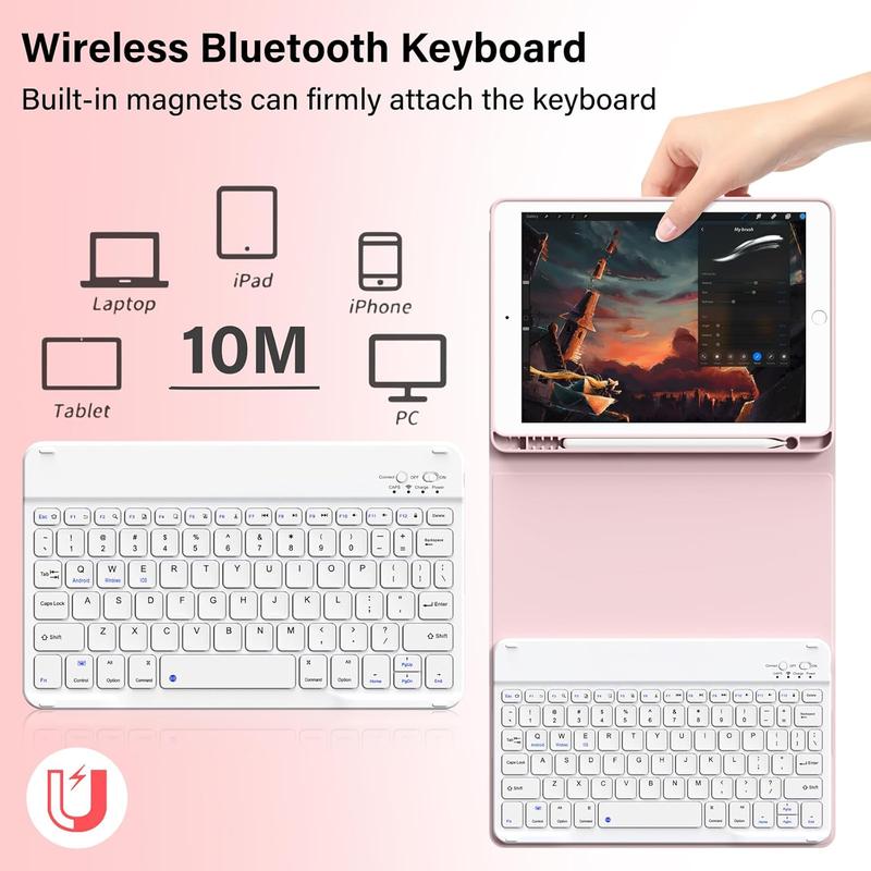 Keyboard Case for iPad 9th Generation iPad 8th Generation iPad 7th Generation(2021 2020 2019), 10.2 inch iPad 9 8 7 Case with Keyboard, Auto Wake Sleep Case with Pencil Holder, Pink