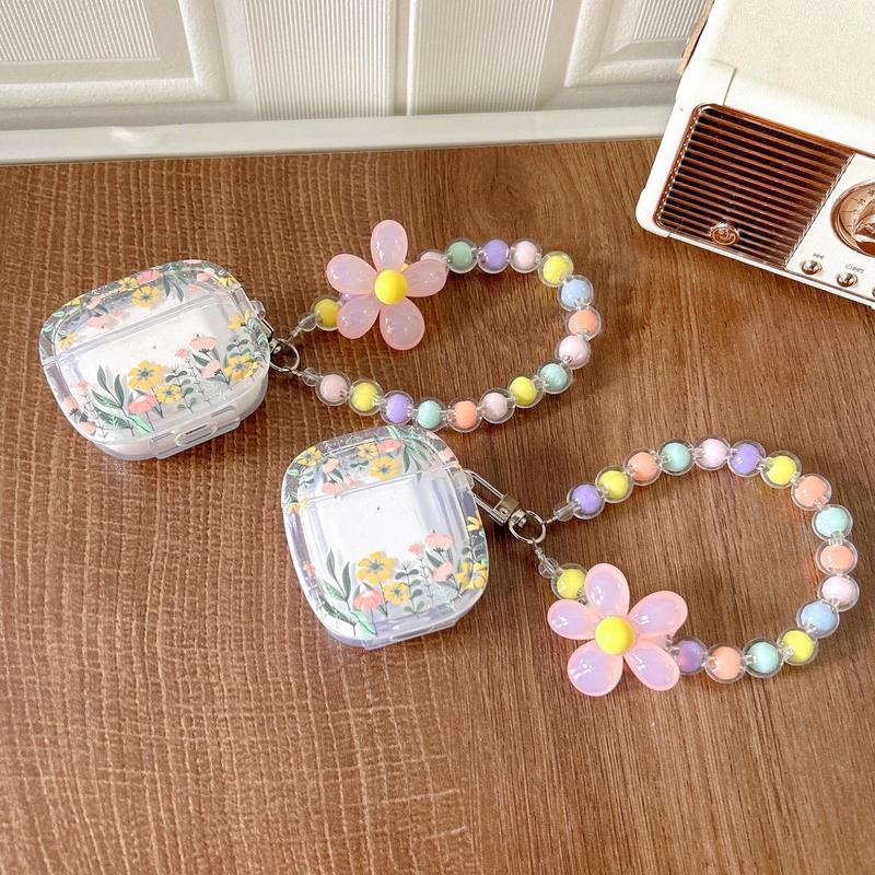 Cute Flower Design Earphone Case with Keychain, Decorative Earphone Protector Cover Compatible with Airpods, Earphone Protective Case