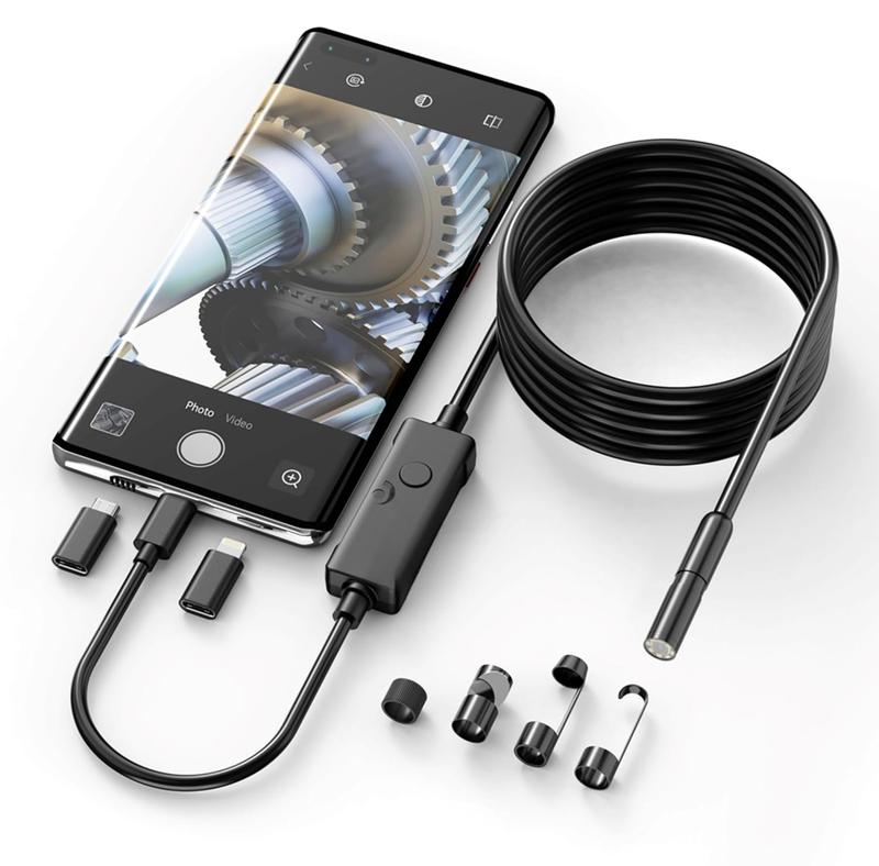 1920P HD 16.4ft Endoscope Camera with 8 LED Lights, iOS & Android Interface for Phones & Tablets, IP67 Waterproof Borescope, 7.9mm Semi-Rigid Inspection Camera for Drain Pipes, Car Engines, Walls