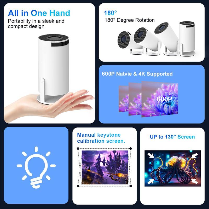 Portable mini projector, equipped with Android system. Short-throw projector, 1080P high definition, 180° adjustable, outdoor and home movie projector Mini Wi-Fi