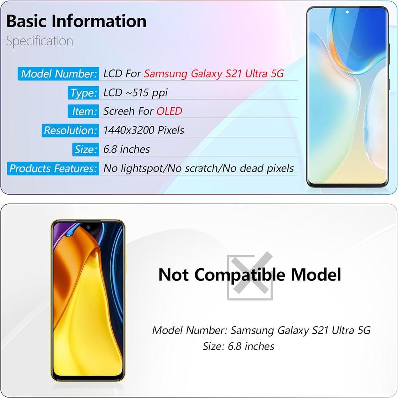 OLED Screen for Samsung Galaxy S21 Ultra 5G Screen Replacement for Samsung S21 Ultra G998U LCD Display Touch Screen Digitizer Assembly with Tools (Support Fingerprint, Black Frame