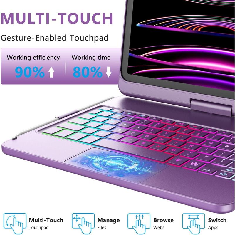 iPad Pro 11 inch and iPad Air 5 Air 4 10.9 inch Keyboard Case with Trackpad, Backlit with 10 Colors, 360 Degree Screen Rotation - Purple