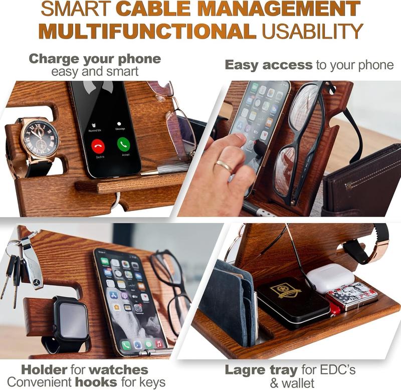 Wood Phone Docking Station Ash Key Holder Wallet Stand Watch Organizer Men Husband Wife Anniversary Dad Birthday Nightstand Purse Father Graduation Male Travel Idea Gadgets (Brown)