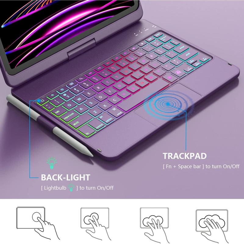 iPad Pro 11 inch and iPad Air 5 Air 4 10.9 inch Keyboard Case with Trackpad, Backlit with 10 Colors, 360 Degree Screen Rotation - Purple