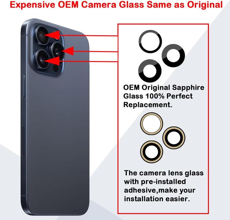 Original OEM Back Rear Camera Glass Lens Replacement for iPhone 15 Pro Max 6.7-inches with Adhesive Preinstalled and Repair Tools Set