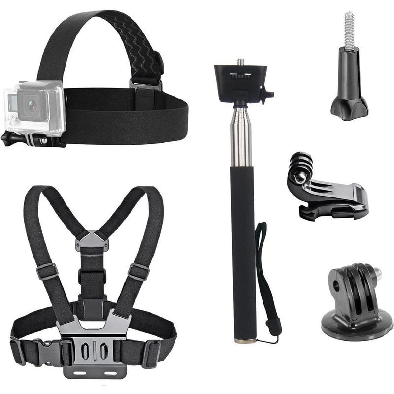 3 in 1 Universal Action Camera Accessories Kit - Head Strap Mount Chest Harness Selfie stick Compatible with Hero 13 12 11 10 9 8 7 6 5 EK7000 V50 Brave 7 Dragon Touch Action Camera