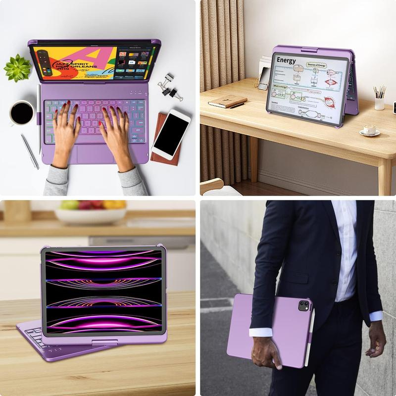 iPad Pro 11 inch and iPad Air 5 Air 4 10.9 inch Keyboard Case with Trackpad, Backlit with 10 Colors, 360 Degree Screen Rotation - Purple