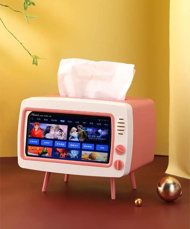 2 in 1 Mobile Phone Viewing Bracket & TV Tissue Box, Creative Retro Facial Tissue Dispenser Box Cover Holder with Phone Stand