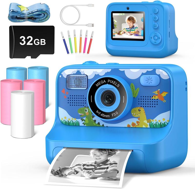 Instant Print Camera for Kids Age 3-12 Girls Boys 1080P HD Digital Video Cameras with 5 Print Paper & 32G Card Toddler Portable Travel Toys Camera for Christmas Birthday Gifts