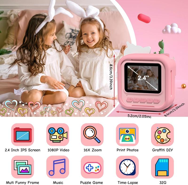 Kids Camera Instant Print Photo,1080P HD Kids Video Cameras,Birthday Gifts for Girls Boys Age 3-12,Digital Camera for 3 4 5 6 7 8 9 10 11 12 Year Old Girl Gifts Toys Light Pink