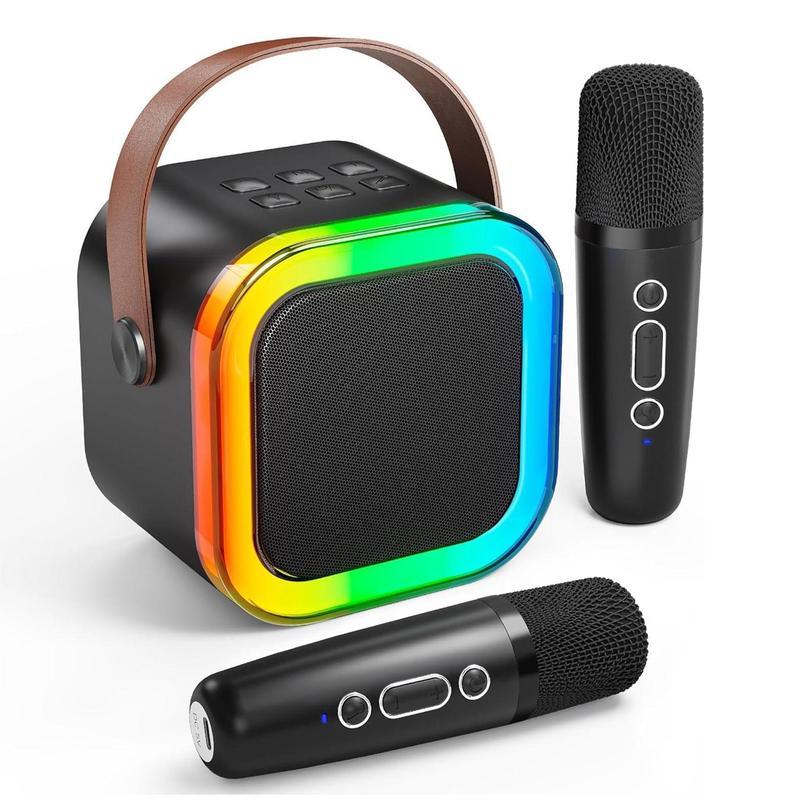 Portable Mini Karaoke Speaker with 2 Microphones, Rechargeable Wireless Outdoor Speaker with RGB Light, 3D Surround Sound Home Singing Karaoke Wireless Outdoor Audio Speaker for Smartphone, PC & More