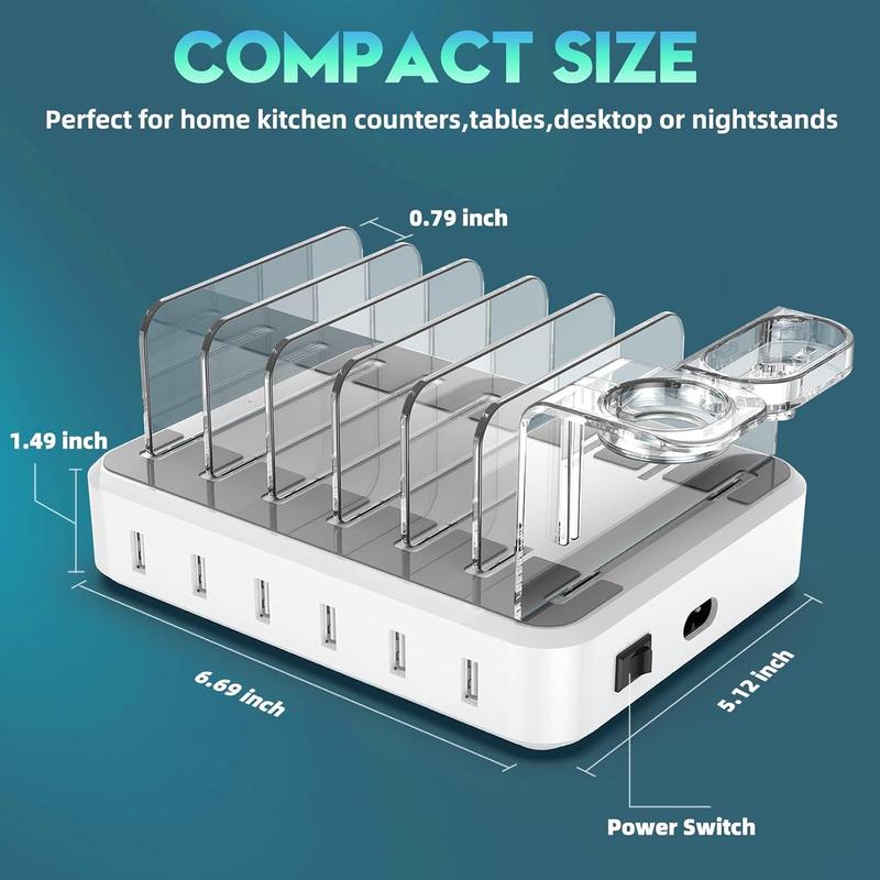 Charging Station for Multiple Devices,60W 6 Port Charger Station with 7 Mixed Charging Cables,USB Charging Dock,Compatible with Cellphone,Tablet, Kindle, iPhone iPad and More (White)