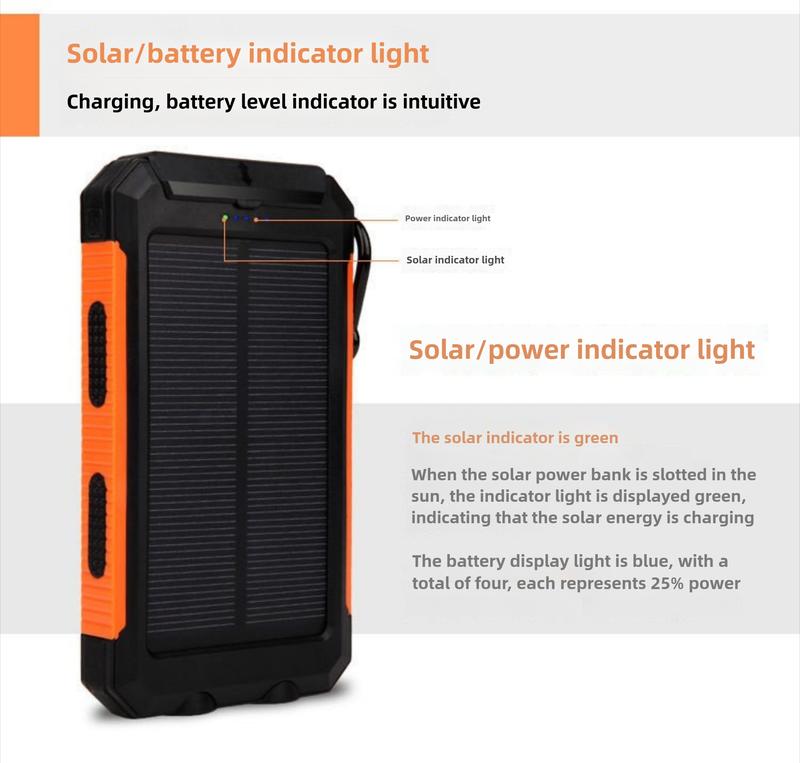 Solar Charger Power Bank, Portable Charger Fast Charger Dual USB Port Built-in Led Flashlight and Compass for All Cell Phone and Electronic Devices