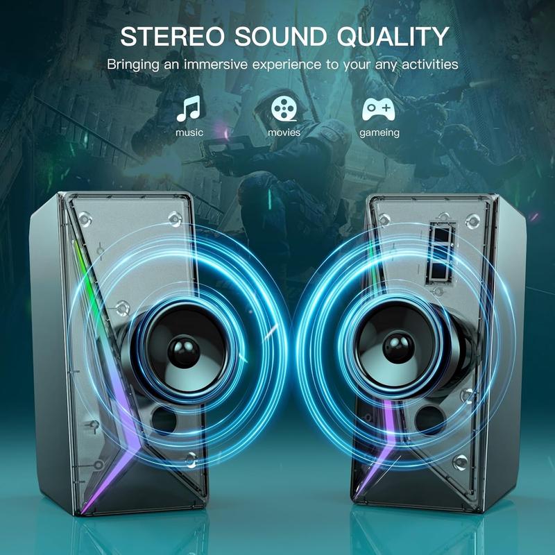 Computer Speakers, Desktop Speakers with 6 Colorful RGB Lights, Volume Control PC Speakers, USB Powered Gaming Speakers with 3.5mm Aux Cable Suitable for PC Monitor Laptop Tablet Phone