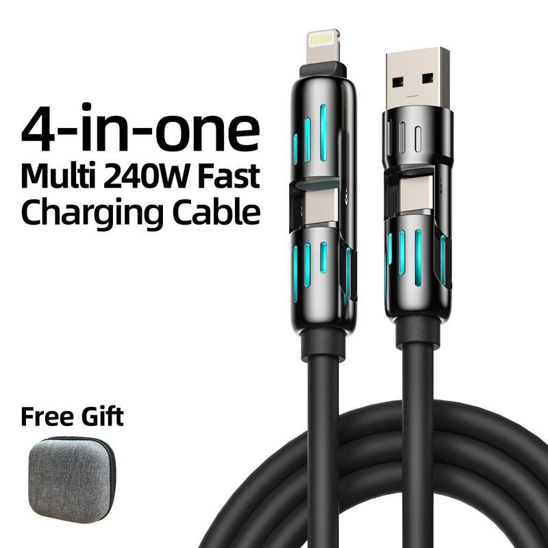 4 in 1 USB Charging Cable, Lightning Fast , USB Cable with Breathing Light, 240w USB C Cable for iPhone 16 15 14 iPad  Smartphone Cellphone christmas