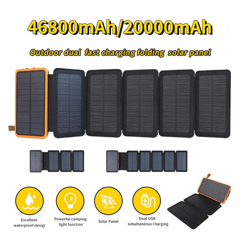 46800mAh 6 Solar Panel Portable Charger Folding Solar Power Bank For Cell Phone, Portable Charger External Battery & Flashlight