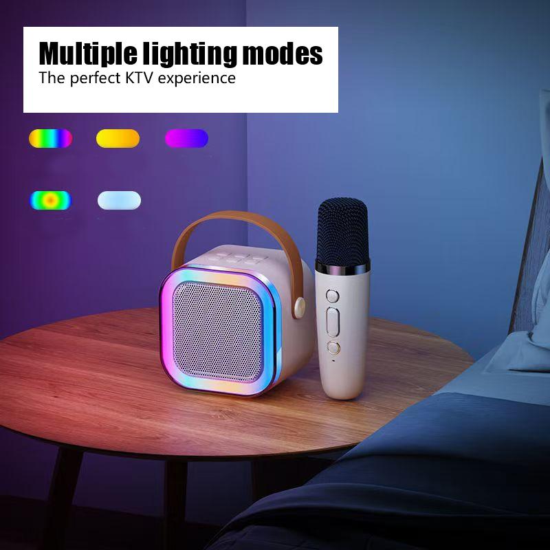 Portable Mini Karaoke Speaker with 2 Microphones, Rechargeable Wireless Outdoor Speaker with RGB Light, 3D Surround Sound Home Singing Karaoke Wireless Outdoor Audio Speaker for Smartphone, PC & More