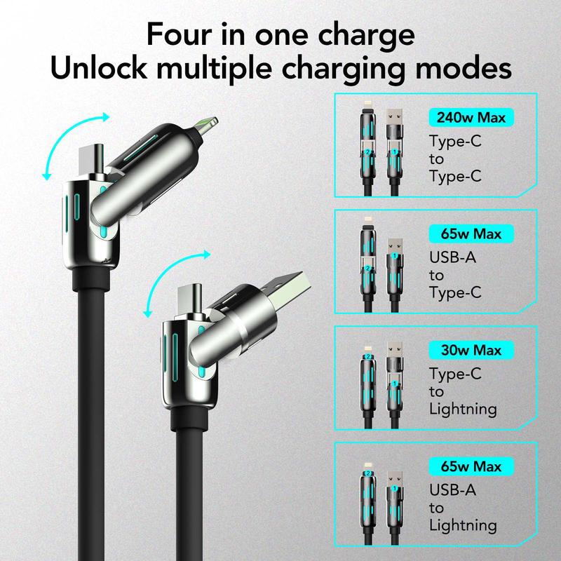 4 in 1 USB Charging Cable, Lightning Fast , USB Cable with Breathing Light, 240w USB C Cable for iPhone 16 15 14 iPad  Smartphone Cellphone christmas