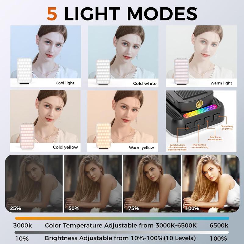 WERWR Phone Light, Selfie Light for iPhone, High Power Rechargeable RGB Light for Video Recording, Upgraded Adjustable Multi Mode Retractable Clip Portable Light,, Makeup, Content Creator Light