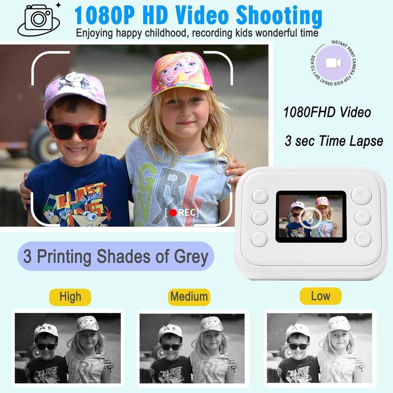 Instant Print Camera for Kids, Christmas Birthday Gifts for 4 5 6 7 8 9 10 11 12 Girls Boys, Digital HD Video Camera for Toddler, Creative Gifts for Girls 4-12 Age with 8GB SD Card-White  kid camera Button Memory toy