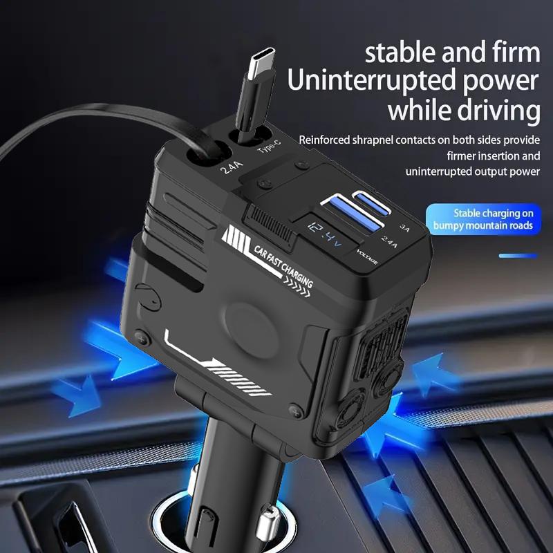 Retractable Car Charger with 100W, 4 in 1 Cool Mech Style Car Fast Charger for iPhone and Type C, Retractable Cables (31.5 inch) and 2 Charging Ports, Compatible with iPhone 15 14 13 12 Pro Max XR,iPad,Samsung,Pixel(Gift Magnetic Stands)