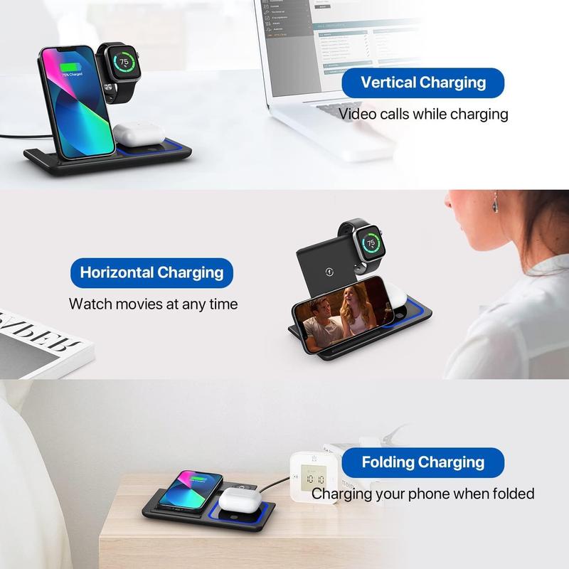 WHATOOK Wireless Charger, 3 in 1 Wireless Charging Station, Fast Wireless Charger Stand for iPhone 15 14 13 12 11 Pro Max XR XS 8 Plus, for Apple Watch 8 7 6 5 4 3 2 SE,for AirPods Pro 3 2