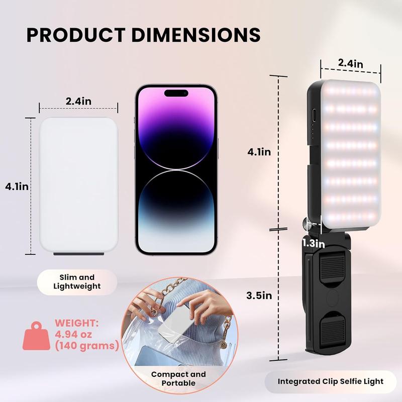 WERWR Phone Light, Selfie Light for iPhone, High Power Rechargeable RGB Light for Video Recording, Upgraded Adjustable Multi Mode Retractable Clip Portable Light,, Makeup, Content Creator Light