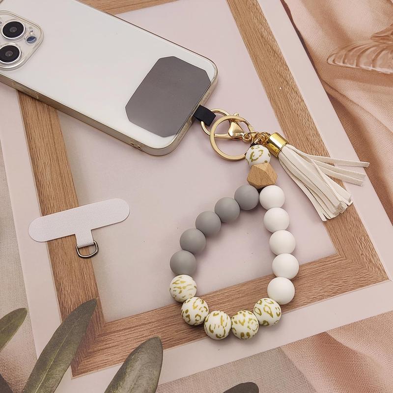 Phone Lanyard Silicone Beaded Phone Wrist Strap Cute Elastic Cell Phone Wristlet Chain Bracelet with 2 Tether Tab