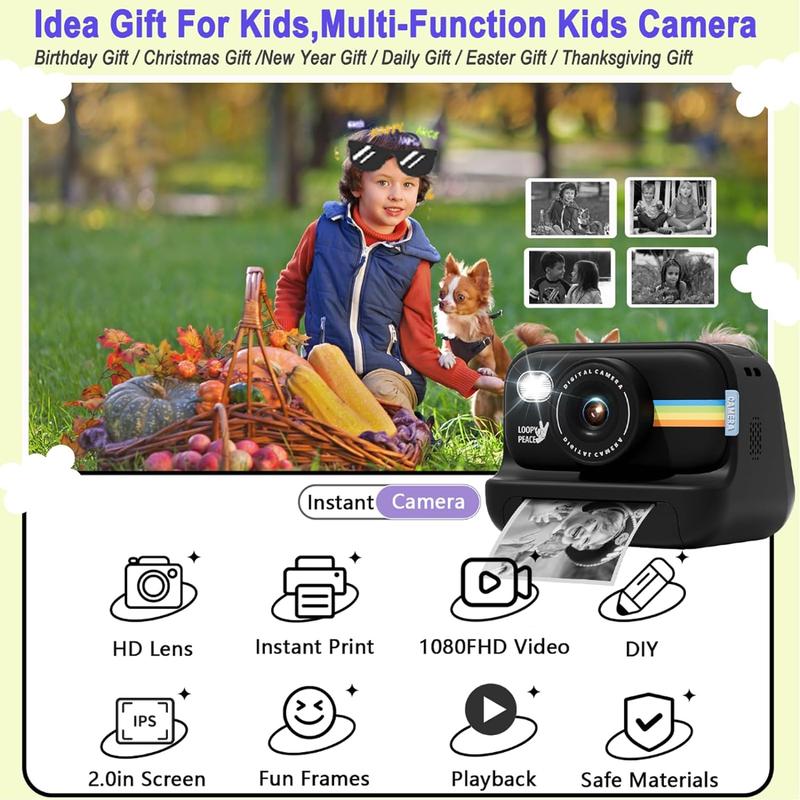 Instant Print Camera for Kids, Christmas Birthday Gifts for 4 5 6 7 8 9 10 11 12 Girls Boys, Digital HD Video Camera for Toddler, Creative Gifts for Girls 4-12 Age with 8GB SD Card-White  kid camera Button Memory toy