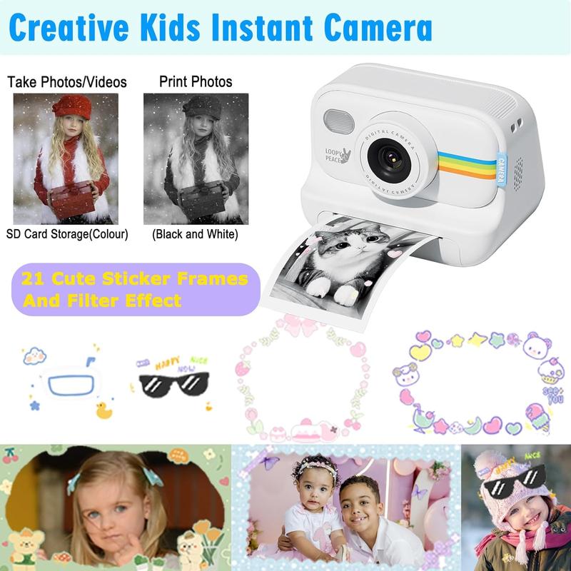 Instant Print Camera for Kids, Christmas Birthday Gifts for 4 5 6 7 8 9 10 11 12 Girls Boys, Digital HD Video Camera for Toddler, Creative Gifts for Girls 4-12 Age with 8GB SD Card-White  kid camera Button Memory toy