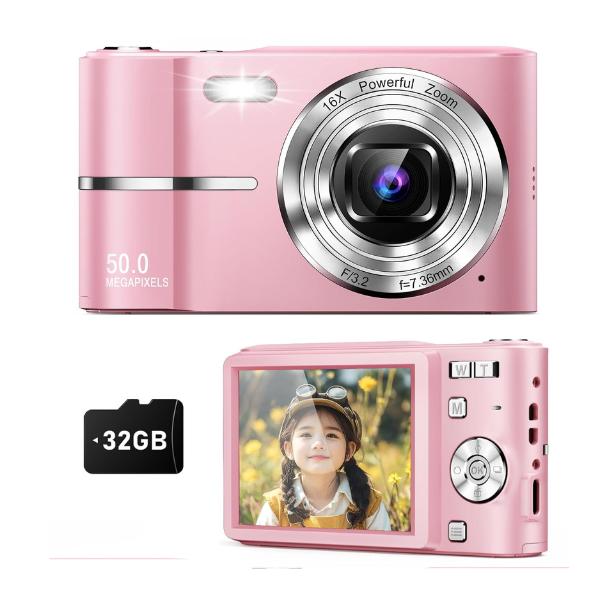 Christmas Digital Camera, 50MP Full High Definition 1080P Camera with 16x Zoom Anti Shake, Compact Camera for Kids and Students - Pink