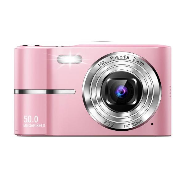 Christmas Digital Camera, 50MP Full High Definition 1080P Camera with 16x Zoom Anti Shake, Compact Camera for Kids and Students - Pink