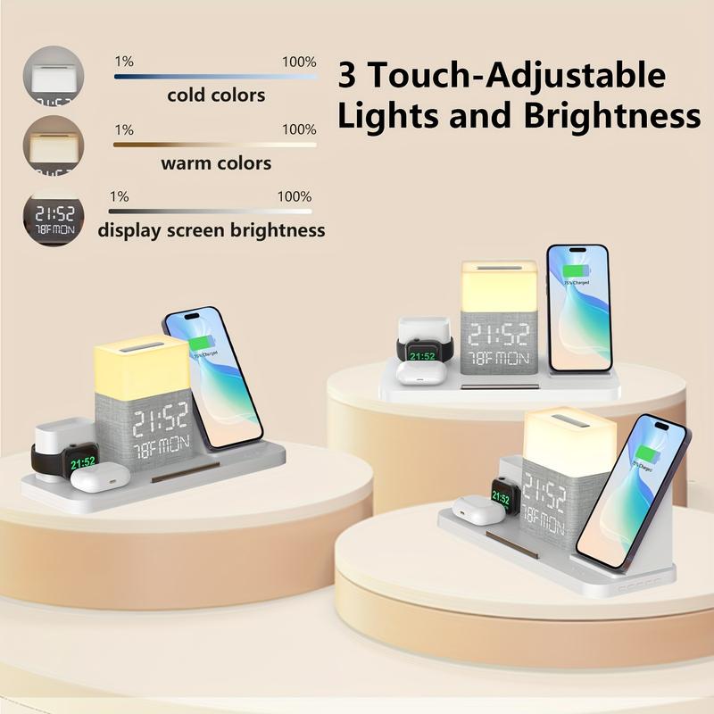 7-in-1 Dual Mobile Phone Wireless Charging Station, with Night Light, Mobile Phone Holder, Mobile Phone Time Synchronization, Time Week Temperature Display, 30W Adapter, iPhone, AirPods and IWatch Fast Charging Dock, Wired Output USB C and USB A