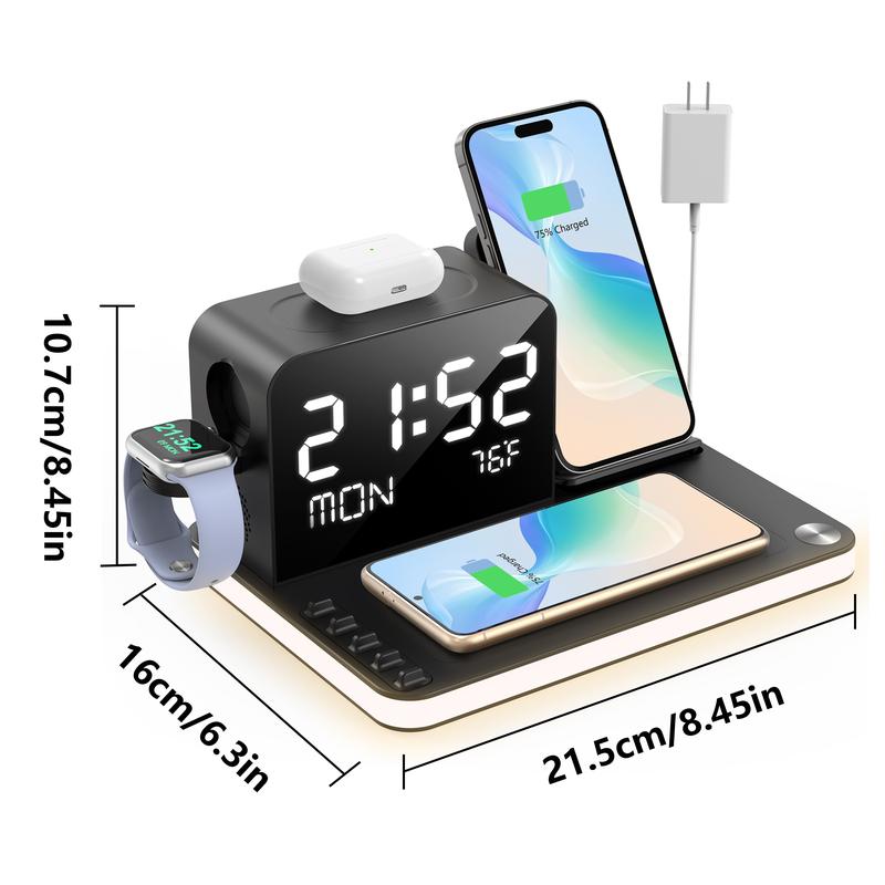 7-in-1 Dual Mobile Phone Wireless Charging Station, with Night Light, Mobile Phone Holder, Mobile Phone Time Synchronization, Time Week Temperature Display, 30W Adapter, iPhone, AirPods and IWatch Fast Charging Dock, Wired Output USB C and USB A