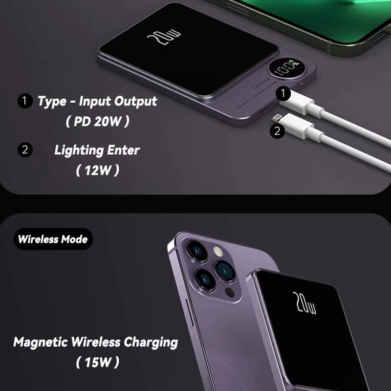 High-capacity wireless power bank, wireless magnetic portable power bank, Magsafe power bank, suitable for devices with wireless charging function such as iPhone series 10000mAh true capacity wireless charger