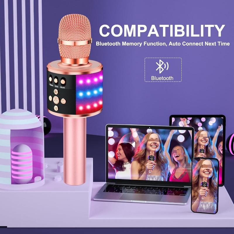 Bluetooth Wireless Karaoke Microphone with LED Lights,4-in-1 Portable Handheld Mic with Speaker Karaoke Player for Singing Home Party Birthday Gift for Adults Q78(Rose Gold)