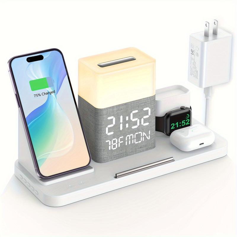 7-in-1 Dual Mobile Phone Wireless Charging Station, with Night Light, Mobile Phone Holder, Mobile Phone Time Synchronization, Time Week Temperature Display, 30W Adapter, iPhone, AirPods and IWatch Fast Charging Dock, Wired Output USB C and USB A