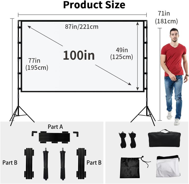 Projector Screen with Stand,  100 inch Outdoor Projector Screen Portable Indoor Projection Screen 16:9 4K Rear Front Movie Screen with Carry Bag for Home Backyard Theater