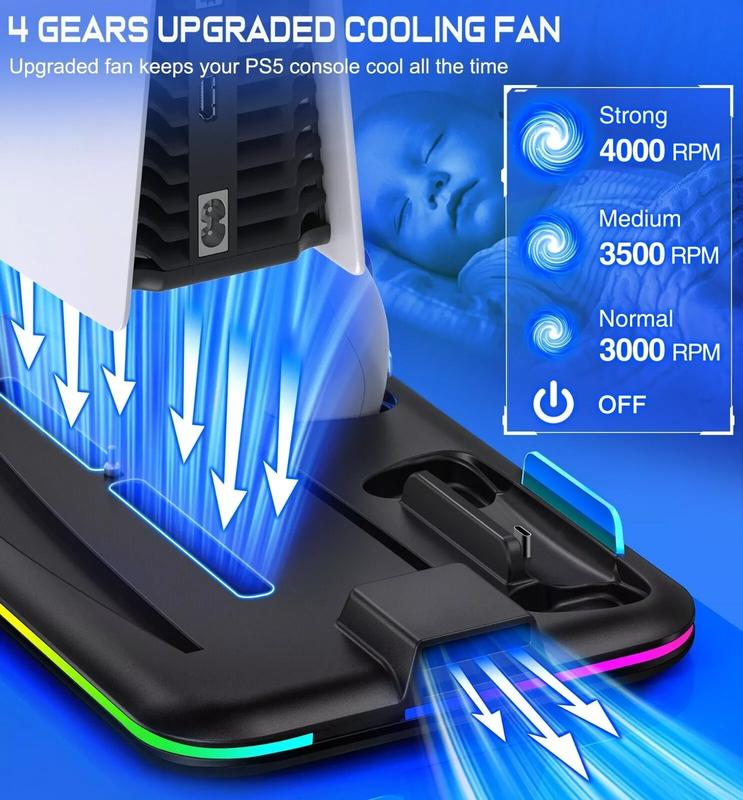 Dual PS5 Controller Charging Station with Cooling Fan & 3 Port USB