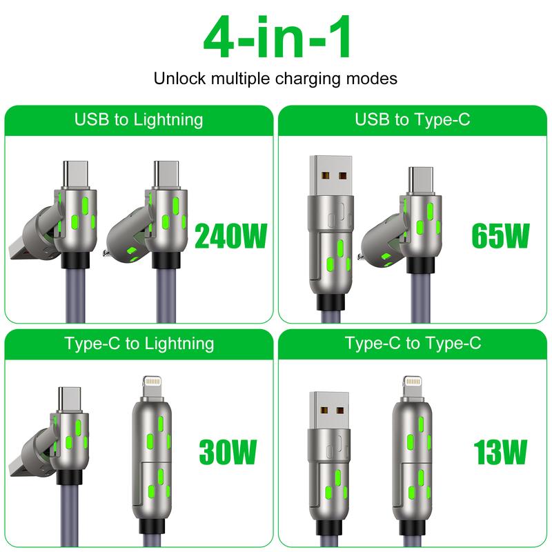 240w 4-in-1 USB C Data Cable 6.6FT length, Multi Charger Cable with Breathing Light, PD 5A Multi Fast Charging & Data Sync Silicone Compatible for iPhone Samsung Laptop Multi Device Charging Smartphone Cellphone Electronic