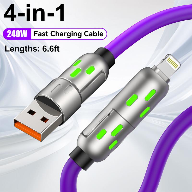 240w 4-in-1 USB C Data Cable 6.6FT length, Multi Charger Cable with Breathing Light, PD 5A Multi Fast Charging & Data Sync Silicone Compatible for iPhone Samsung Laptop Multi Device Charging Smartphone Cellphone Electronic