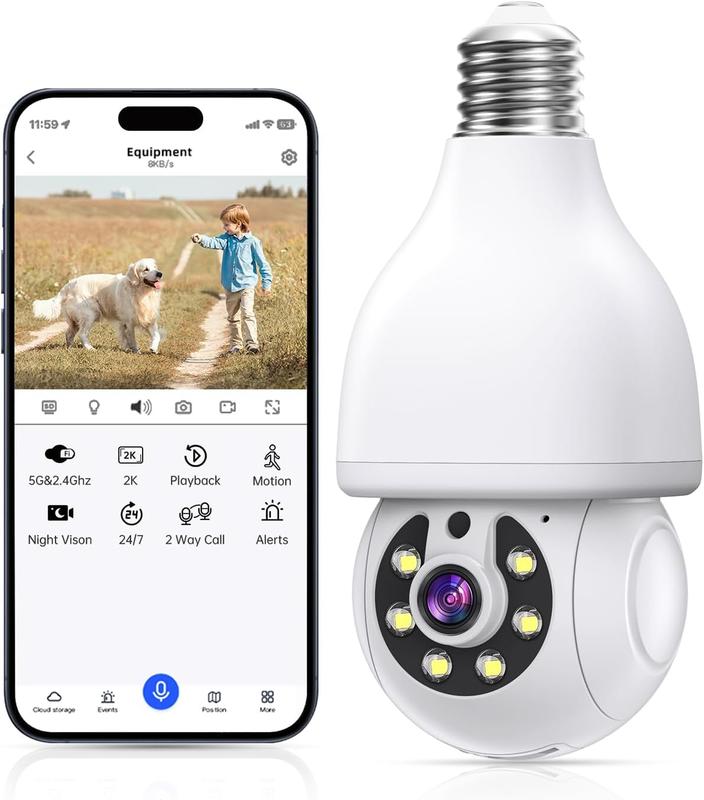 3MP 5MP Light Bulb Security  camera wireless -5G& 2.4GHz  AI-Powered  Wi-Fi PanTilt  Outdoor Security Camera    wireless Outdoor Motion Detection and Alarm,Color Night Vision, Wireless WiFi pet camera remote control Light Bulb Camera ， video  doorbell