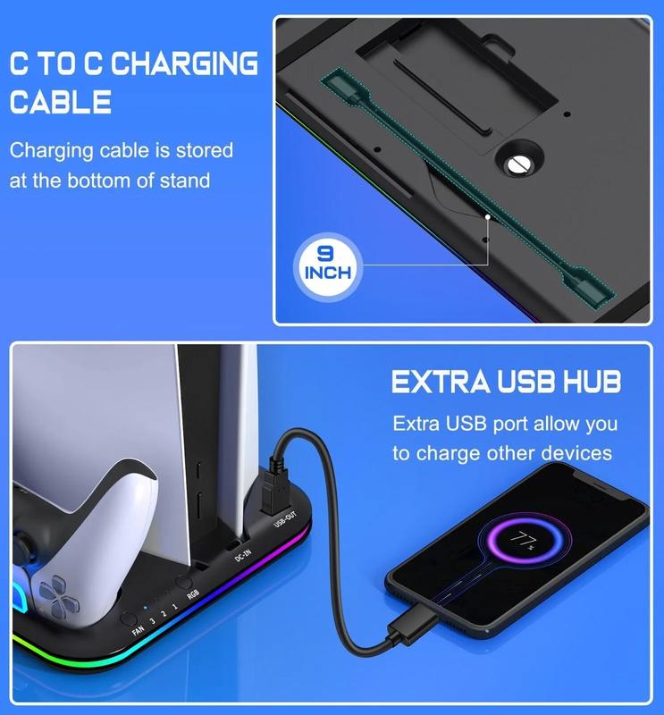 Dual PS5 Controller Charging Station with Cooling Fan & 3 Port USB