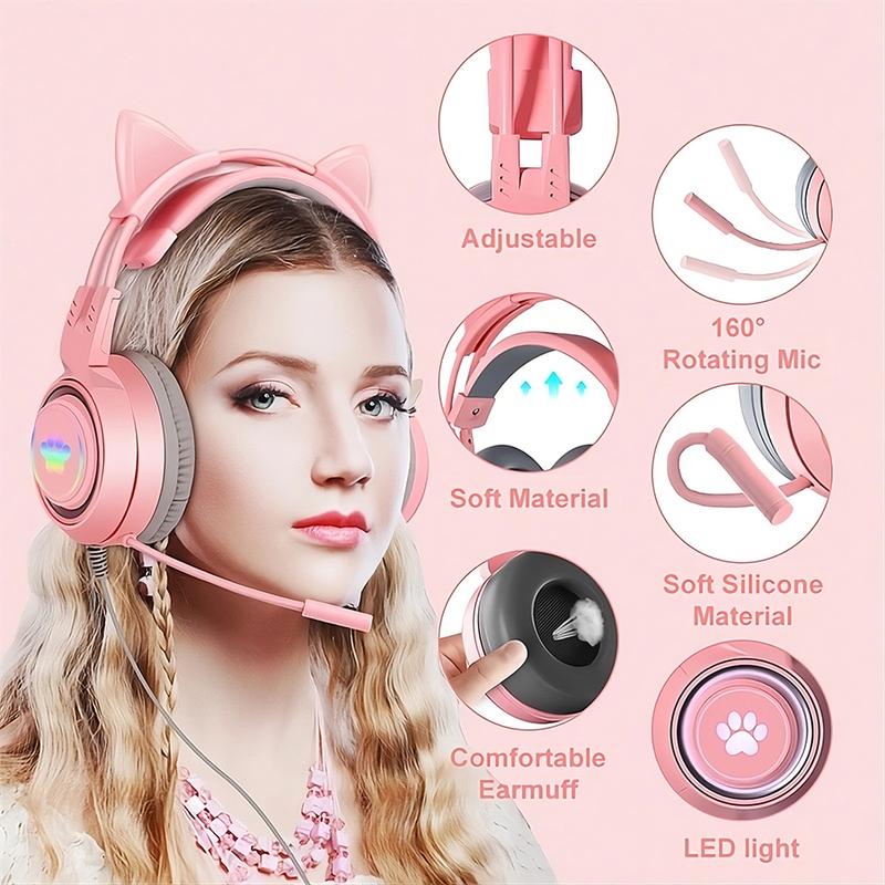 Cat Ear Headphones Gaming Headset with Mic for PC Laptop Switch PS4 PS5(Pink  Black), girl Wired Headphones RGB Light up Kawaii Kitty Noise Cancelling Headphones for Gamer PC Laptop