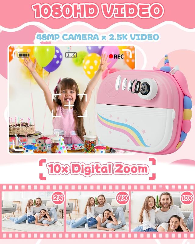 Kids Camera Instant Print, Christmas Birthday Gifts for Girls Age 3-12, Ideal Toy for 3 4 5 6 7 8 9 10 Years Old Girls Boys, Toddler Camera Toys with 3 Rolls Print Paper & 32GB Card (Pink)