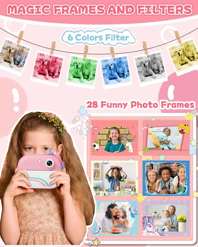 Kids Camera Instant Print, Christmas Birthday Gifts for Girls Age 3-12, Ideal Toy for 3 4 5 6 7 8 9 10 Years Old Girls Boys, Toddler Camera Toys with 3 Rolls Print Paper & 32GB Card (Pink)