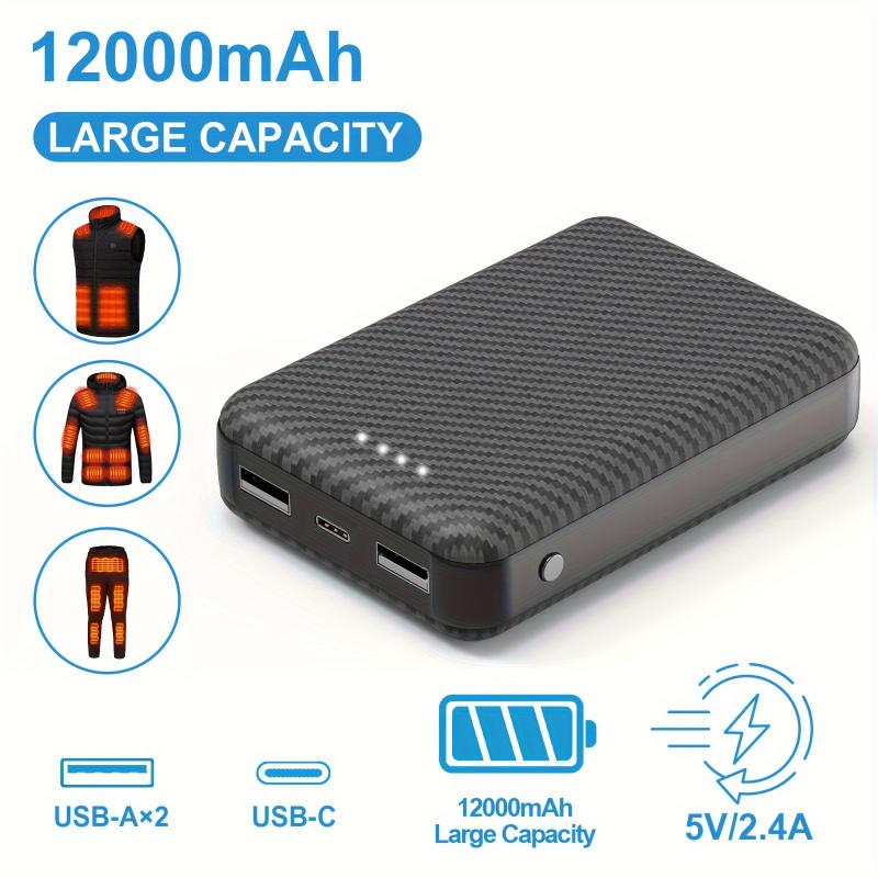 12000mAh Portable Charger 5V 2.4A, Rechargeable USB-C Battery Pack for Heated Vests, Jackets, Pants, and Seat Cushions, with 3 Output Ports, for iPhone, for SamSung for Galaxy, and More