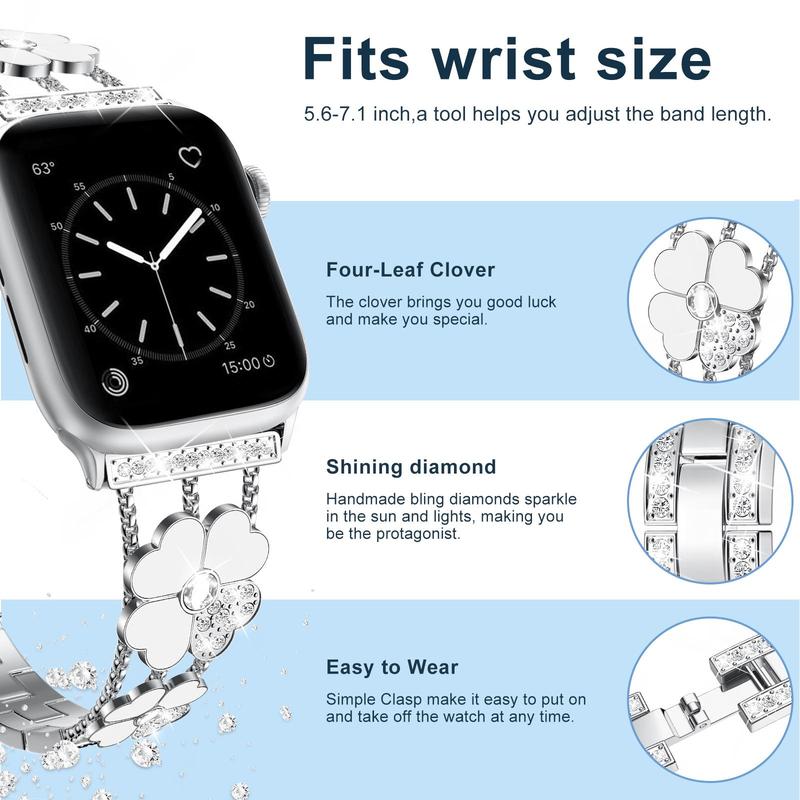 Four-leaf Clover Design Smart Watch Band for Apple Watch SE 8 7 6 5 4 3 2 (Band Only), Rhinestones Decor Stainless Steel Chain Smartwatch Band for Women, Replacement Fashion Watch Band, Wearable Accessories